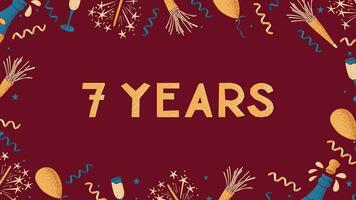 Vector celebrating banner with text 7 Years. Flat composition for anniversary, birthday or wedding. Template of print design with celebrating elements with dotted texture on dark red background.