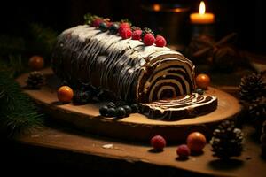 AI generated Classic Yule log a festive treat Christmas cake rolled and adorned for a delightful celebration AI Generated photo