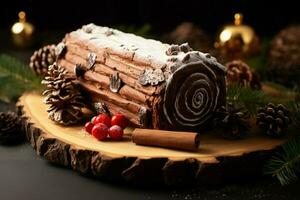 AI generated Classic Yule log a festive treat Christmas cake rolled and adorned for a delightful celebration AI Generated photo