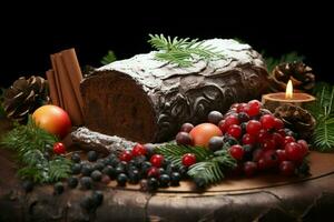 AI generated Classic Yule log a festive treat Christmas cake rolled and adorned for a delightful celebration AI Generated photo