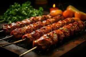 Juicy skewered seekh kababs a mouthwatering blend of spices and grilled goodness AI Generated photo