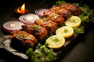 jugoso ensartado seekh brochetas un Agua en la boca mezcla de especias y A la parrilla bondad ai generado foto