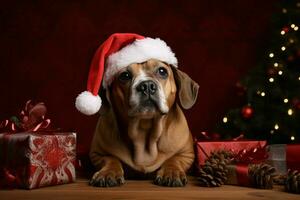 ai generado Navidad festividades con un amable perro celebrando con festivo decoraciones y fiesta alegría ai generado foto