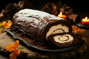 AI generated Classic Yule log a festive treat Christmas cake rolled and adorned for a delightful celebration AI Generated photo