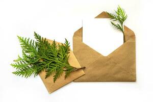 Minimalistic greeting card layout with evergreen coniferous branch. Craft envelope, flat lay, close-up. photo