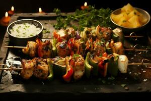 Juicy skewered seekh kababs a mouthwatering blend of spices and grilled goodness AI Generated photo