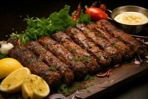 Juicy skewered seekh kababs a mouthwatering blend of spices and grilled goodness AI Generated photo