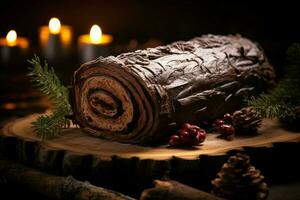 AI generated Classic Yule log a festive treat Christmas cake rolled and adorned for a delightful celebration AI Generated photo