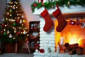 AI generated Christmas Festive celebrations red sock hung by the fireplace awaiting Santas joyful surprises  AI Generated photo