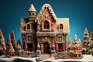 AI generated Christmas gingerbread house Magical fairy tale castle in snowy winter of sugary dreams AI Generated photo