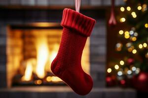 ai generado Navidad festivo celebraciones rojo calcetín colgado por el hogar esperando santas alegre sorpresas ai generado foto