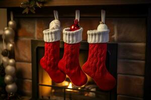 AI generated Christmas Festive celebrations red sock hung by the fireplace awaiting Santas joyful surprises  AI Generated photo