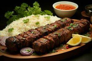 Juicy skewered seekh kababs a mouthwatering blend of spices and grilled goodness AI Generated photo