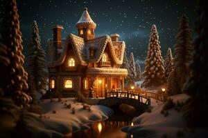 AI generated Christmas gingerbread house Magical fairy tale castle in snowy winter of sugary dreams AI Generated photo