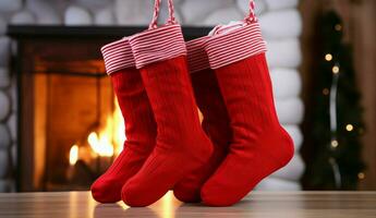 AI generated Christmas Festive celebrations red sock hung by the fireplace awaiting Santas joyful surprises  AI Generated photo