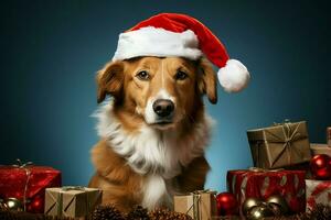 ai generado Navidad festividades con un amable perro celebrando con festivo decoraciones y fiesta alegría ai generado foto