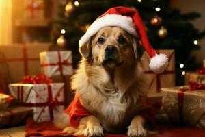 ai generado Navidad festividades con un amable perro celebrando con festivo decoraciones y fiesta alegría ai generado foto