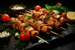 Juicy skewered seekh kababs a mouthwatering blend of spices and grilled goodness AI Generated photo