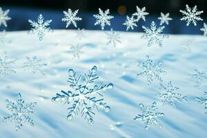 AI generated snowflakes gracefully decorating a winter wonderland Christmas snow light background AI Generated photo