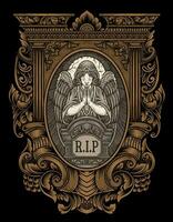 Illustration vector angels praying at the tombstone with engraving ornament frame