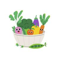 frutas, vegetales y hierbas en un cuenco vector