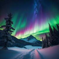 Night snow mountain aurora photo