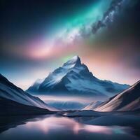 Night snow mountain aurora photo