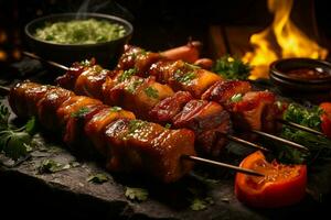 jugoso ensartado seekh brochetas un Agua en la boca mezcla de especias y A la parrilla bondad ai generado foto