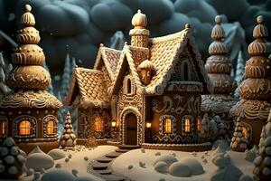 AI generated Christmas gingerbread house Magical fairy tale castle in snowy winter of sugary dreams AI Generated photo