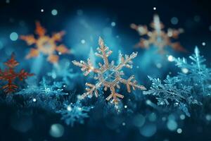 ai generado copos de nieve graciosamente decorando un invierno mundo maravilloso Navidad nieve ligero antecedentes ai generado foto