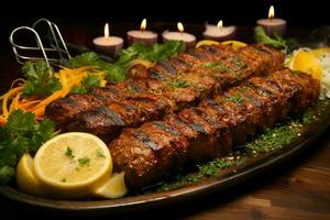 jugoso ensartado seekh brochetas un Agua en la boca mezcla de especias y A la parrilla bondad ai generado foto