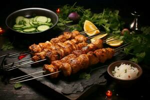 Juicy skewered seekh kababs a mouthwatering blend of spices and grilled goodness AI Generated photo