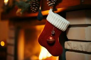 AI generated Christmas Festive celebrations red sock hung by the fireplace awaiting Santas joyful surprises  AI Generated photo