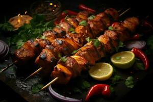 Juicy skewered seekh kababs a mouthwatering blend of spices and grilled goodness AI Generated photo