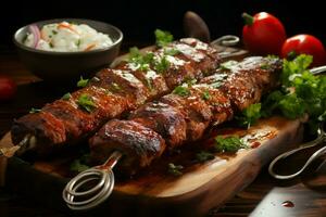 Juicy skewered seekh kababs a mouthwatering blend of spices and grilled goodness AI Generated photo