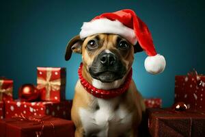 ai generado Navidad festividades con un amable perro celebrando con festivo decoraciones y fiesta alegría ai generado foto