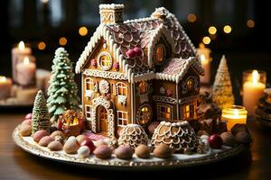 AI generated Christmas gingerbread house Magical fairy tale castle in snowy winter of sugary dreams AI Generated photo