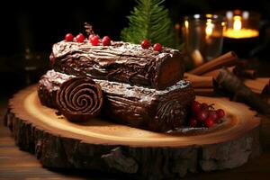 AI generated Classic Yule log a festive treat Christmas cake rolled and adorned for a delightful celebration AI Generated photo