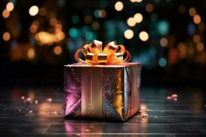 AI generated Cozy holiday ambiance surrounds a wrapped gift festive Christmas AI Generated photo