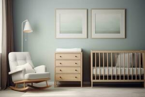 AI generated Cozy interior of a children's bedroom with paintings on the wall, an armchair and a small crib. AI-generated content photo
