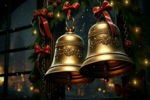 AI generated Shiny Christmas bell jingle bells ringing, spreading holiday cheer with festive joy AI Generated photo