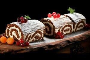 AI generated Classic Yule log a festive treat Christmas cake rolled and adorned for a delightful celebration AI Generated photo