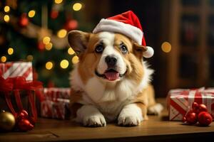AI generated Christmas festivities with a lovable dog celebrating with festive decorations and holiday joy AI Generated photo
