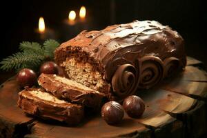 ai generado clásico Navidad Iniciar sesión un festivo tratar Navidad pastel arrollado y adornado para un encantador celebracion ai generado foto