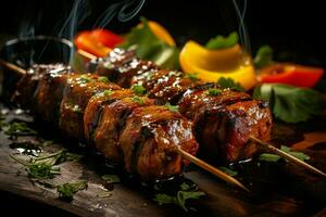 Juicy skewered seekh kababs a mouthwatering blend of spices and grilled goodness AI Generated photo