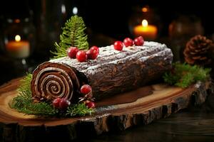 AI generated Classic Yule log a festive treat Christmas cake rolled and adorned for a delightful celebration AI Generated photo