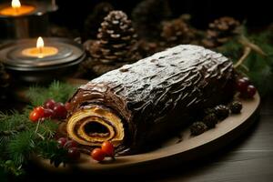 AI generated Classic Yule log a festive treat Christmas cake rolled and adorned for a delightful celebration AI Generated photo