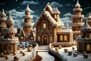 AI generated Christmas gingerbread house Magical fairy tale castle in snowy winter of sugary dreams AI Generated photo