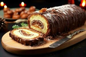 AI generated Classic Yule log a festive treat Christmas cake rolled and adorned for a delightful celebration AI Generated photo