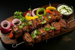 Juicy skewered seekh kababs a mouthwatering blend of spices and grilled goodness AI Generated photo